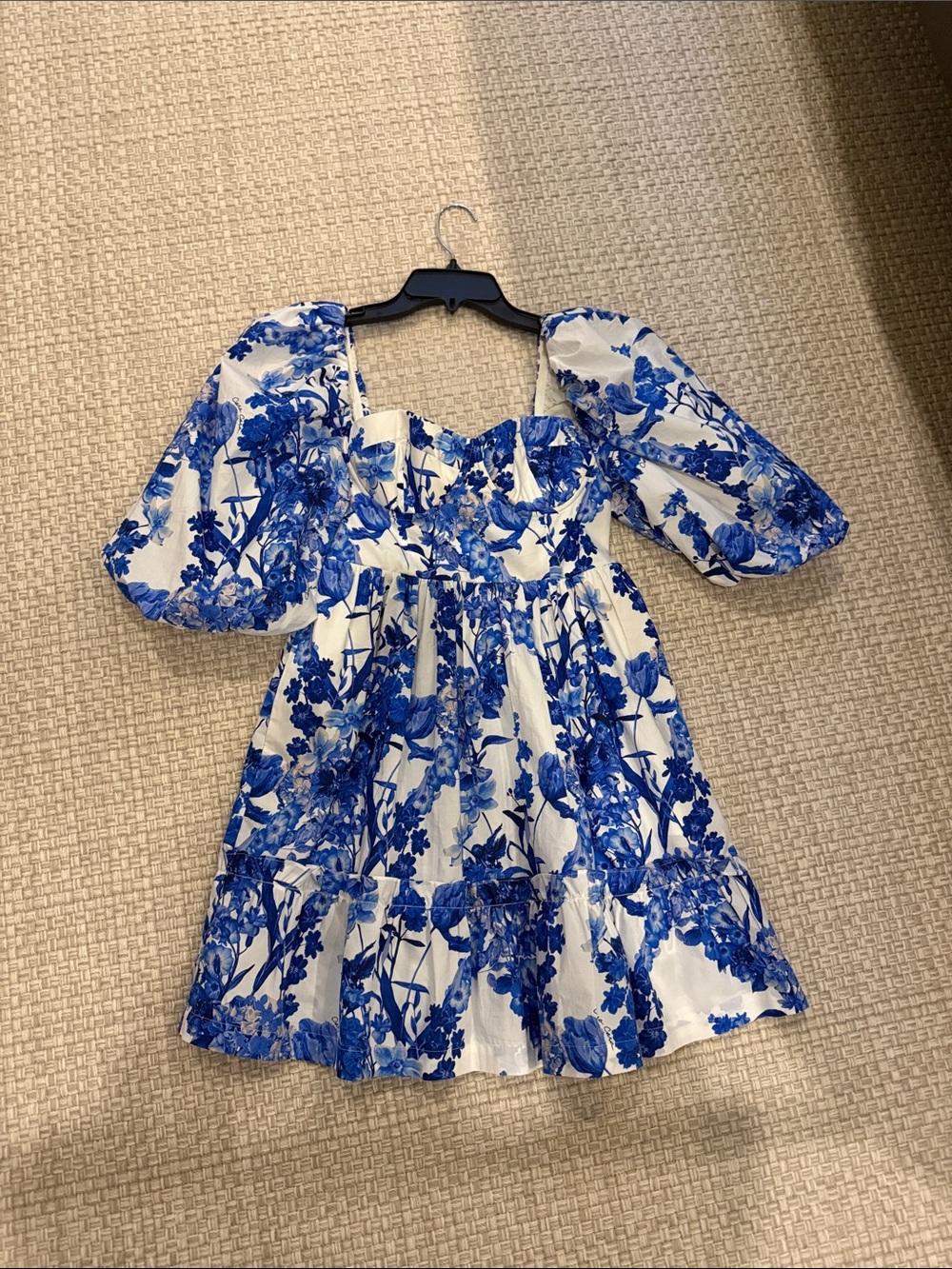 Cara Cara White Dress with Blue Floral Print and Puff Sleeves